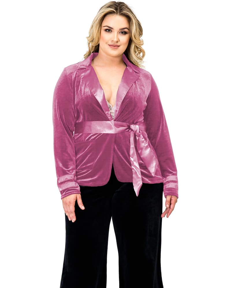 Front of a model wearing a size 1X Women's Velvet Satin Belt Wrap Smoking Jacket in Rose by Standards & Practices. | dia_product_style_image_id:280889